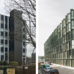 Voher und nachher: Zu Loftwohnungen umgenutztes Bürogebäude im niederländischen Haarlem mit neuer Erker-Glasfassade